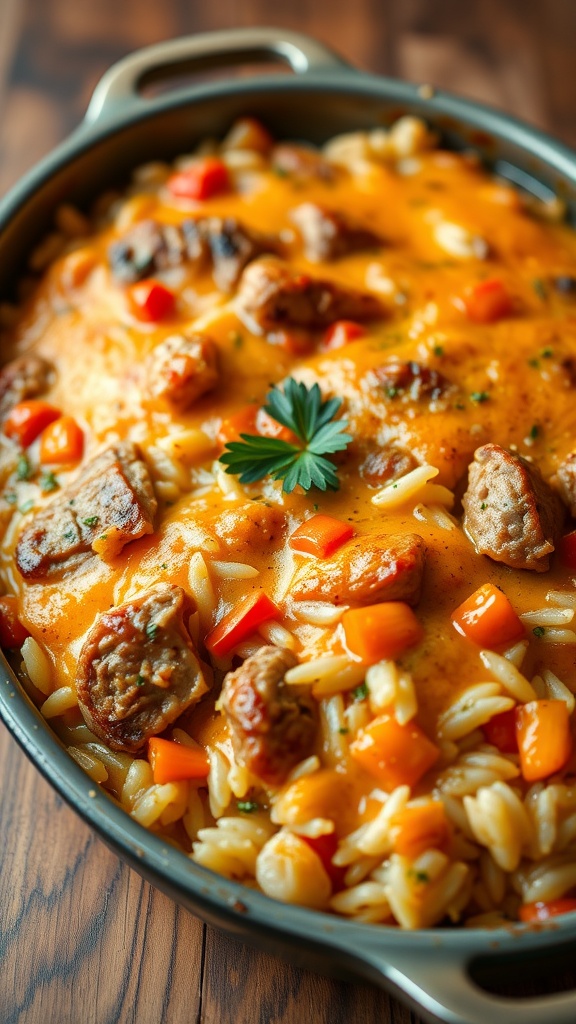 A savory pork and rice casserole with bell peppers, served in a rustic dish on a wooden table.
